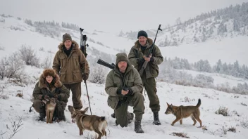 En gruppe mennesker i vinterklær, jager og fanger dyr for deres pels i et snølandskap.