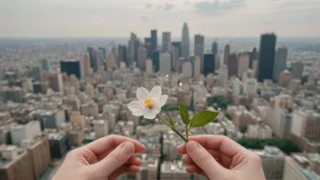 En person som holder en liten, delikat blomst, med en bysilhuett i bakgrunnen.