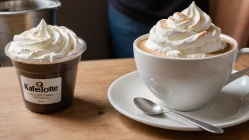 En kopp kaffe med pisket krem og en beholder med tung krem merket 'kaffefløte'.