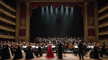 En stor operaforestilling med et stort orkester og sangere på scenen, med dramatisk lys og setting