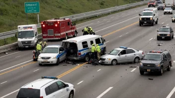 Bilulykke på motorvei med flere kjøretøy involvert og nødetatene responderer.