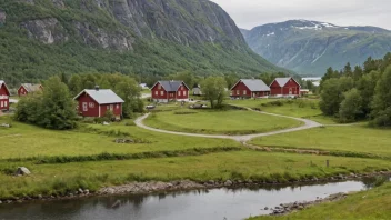 Et pittoreskt norsk landskap med en gård eller landsby i bakgrunnen og et skilt eller et hus med navnet Solheim eller Solheims i forgrunnen