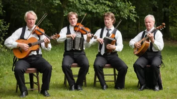 En tradisjonell norsk folkemusikkgruppe som spiller instrumenter.