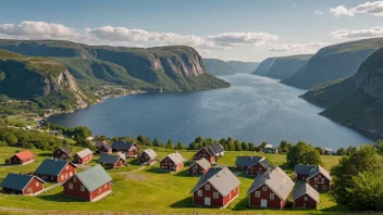 Et malerisk landskap av Agder, Norge, med rullende åser, fjorder og tradisjonelle norske hus.