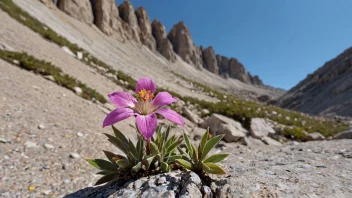 En vakker alpeblomst med delikate kronblader og levende farger som vokser i et hardt fjellandskap.