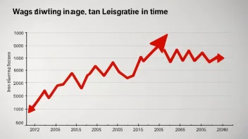 En graf som viser en økning i lønninger over tid, med en rød pil som peker oppover.