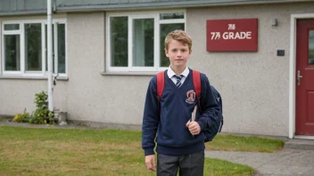 En ung gutt i skoleuniform med ryggsekk, stående foran en skolebygning.