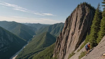 En bratt fjellvegg med fjellklatrere i bakgrunnen, omgitt av et vakkert landskap.