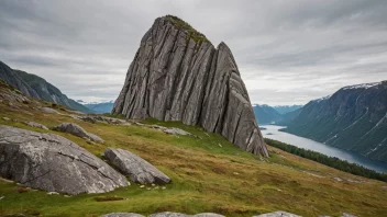 En stor steinformasjon i et norsk landskap.