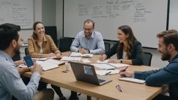 En gruppe mennesker fra ulike yrker samlet rundt et bord, diskuterer og ler sammen, med en whiteboard i bakgrunnen med notater og ideer.