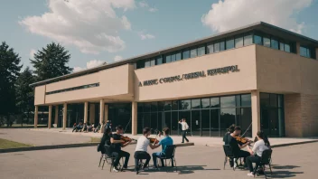 En musikkskolebygning med elever som spiller ulike musikkinstrumenter, som piano, gitar og fiolin.