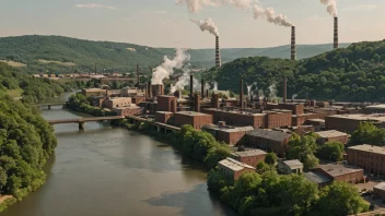 Et industrisamfunn med en blanding av gamle og nye bygninger, omgitt av et landskap med rullende åser og en elv.