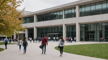 En universitetsbygning med moderne design og studenter som går inn og ut av inngangen.