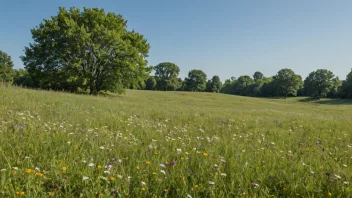 Et fredelig og idyllisk landskap av en eng med en overflod av grønt gress og fargerike ville blomster.