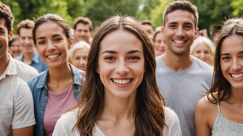 En person med et vennlig og mildt uttrykk, omgitt av mennesker som smiler og er glade