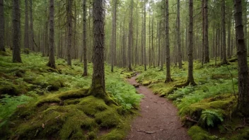 Et fredelig skoglandskap med en svingende tursti, omgitt av høye trær og frodig grønne.