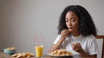 En person som spiser en snack og lager lyder mens de spiser