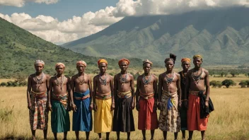 En gruppe chagga-folk i tradisjonelle klær, stående foran et fjellandskap i Tanzania