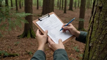 En person i en skog, som vurderer verdien av trærne.