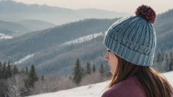 En person som bærer en varm og behagelig strikkelue, med et snødekt vinterlandskap i bakgrunnen