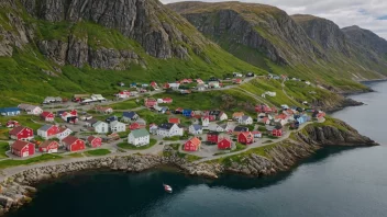 En pittoresk landsby i Norge med tradisjonelle hus og en storslagen natur.