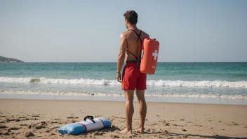 En livredder som står på en strand, klar til å svare på et nødanrop.