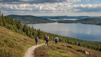 Et fredelig og pittoreskt landskap av Nordmarken, med frodige grønne skoger og rolige innsjøer, perfekt for utendørsaktiviteter.