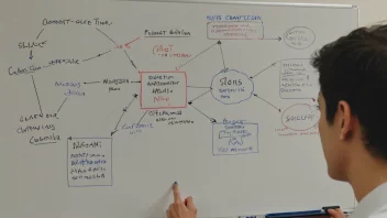 En person foran en whiteboard, fylt med notater og diagrammer, som representerer en avklaringsprosess.