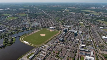 Heerenveen bybilde med historiske bygninger og idrettsarenaer.