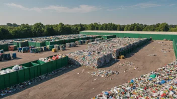 En miljøstasjon med containere for papir, plast, glass og metall, samt en stor container for organisk avfall.