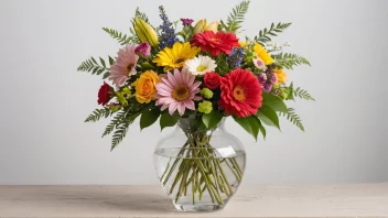 En vakker blomsterdekorasjon på et bord, med en variasjon av fargerike blomster og grønt arranger i en dekorativ vase.