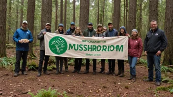 En gruppe mennesker i en skog, studerer og samler sopp.