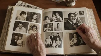 En person ser på et familie fotoalbum, med en blanding av gamle og nye bilder. Bildene viser likheten mellom familiemedlemmene, og fremhever likhetene i deres ansiktstrekk og uttrykk.