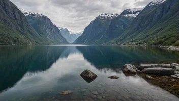 Et åndeløst fjordlandskap i Bugøyfjords-området i Norge, med høye fjell og rolige vann.