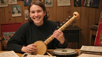 En folkemusikkentusiast med et stort smil, som holder et tradisjonelt norsk instrument.