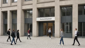 Et bilde av en bygning som representerer instituttsektoren, med studenter og forskere til stede.