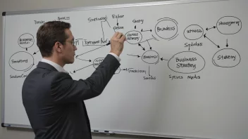 En forretningsperson som skriver på en whiteboard med en forretningsstrategidiagram i bakgrunnen, som illustrerer begrepet forretningsøyemed