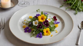 En dekorativ rett med ferske urter og spiselige blomster.