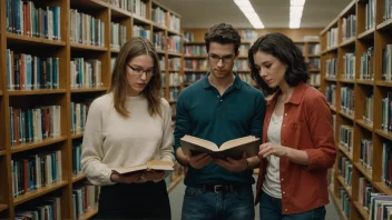 En gruppe mennesker som sitter i et bibliotek eller en bokhandel, omgitt av bøker og lesemateriale, med et uttrykk av konsentrasjon og glede i ansiktet.