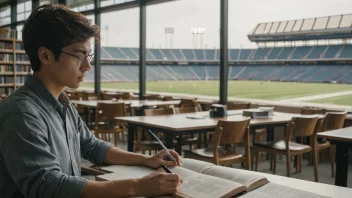 En person sitter ved et skrivebord i et bibliotek, omgitt av bøker om idrettshistorie, med et stort stadion synlig gjennom vinduet bak dem.