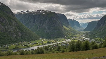 Et malerisk landskap av en norsk dal eller landsby med en distinkt skilt eller landemerke med navnet Romedals