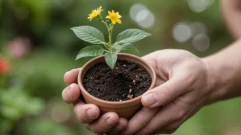 En person holder en potte med blomsterjord og blomster som vokser i den, med en hage i bakgrunnen.