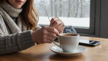 En person som nyter en varm kopp kaffe på en kjølig dag, med en behagelig temperaturavlesning i bakgrunnen.