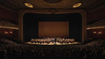 Et stort teater med et live orkester som spiller i orkestergraven, med en dramatisk forestilling på scenen.