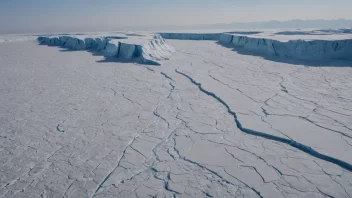 En stor isdekke som dekker et stort område av land, med breer og sprekker synlige i det fjerne.