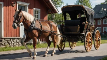 En hestetrukket vogn med tre ramme og lerretstak, stående i en åker med et tradisjonelt norsk gårdshus i bakgrunnen.