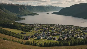 Et fredelig norsk landskap med en liten landsby eller by i det fjerne.