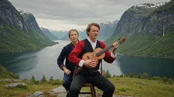 En tradisjonell norsk folkemusiker i en landlig setting, omgitt av fjell og fjorder.