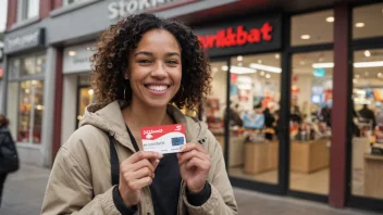 En glad kunde med et rabattkort foran en butikk som tilbyr storkunderabatt.