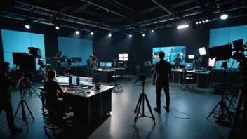 Et bilde av et TV-produksjonsstudio med et team av profesjonelle som arbeider sammen for å produsere et TV-program av høy kvalitet.